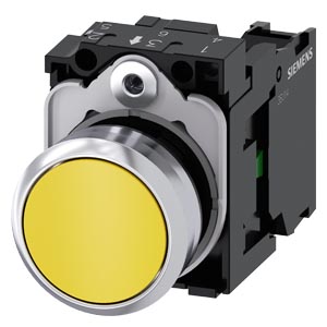Nyomógomb komplett fém d22 sárga lapos visszaugró 1z csavaros kerek IP67/IP69K SIRIUS ACT SIEMENS