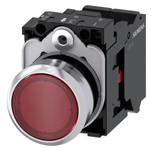 Nyomógomb komplett fém d22 világító piros lapos visszaugró 1ny rugószorításos SIRIUS ACT SIEMENS