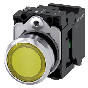 Nyomógomb komplett fém d22 világító sárga lapos visszaugró 1z rugószorításos SIRIUS ACT SIEMENS