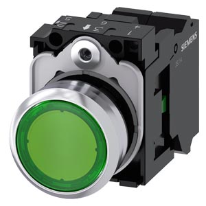Nyomógomb komplett fém d22 világító zöld lapos visszaugró 1z rugószorításos SIRIUS ACT SIEMENS