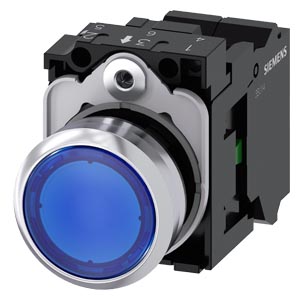 Nyomógomb komplett fém d22 világító kék lapos visszaugró 1z rugószorításos SIRIUS ACT SIEMENS