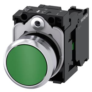 Nyomógomb komplett fém d22 zöld lapos visszaugró 1z csavaros kerek IP67/IP69K SIRIUS ACT SIEMENS