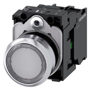 Nyomógomb komplett fém d22 világító víztiszta lapos visszaugró 1z csavaros SIRIUS ACT SIEMENS