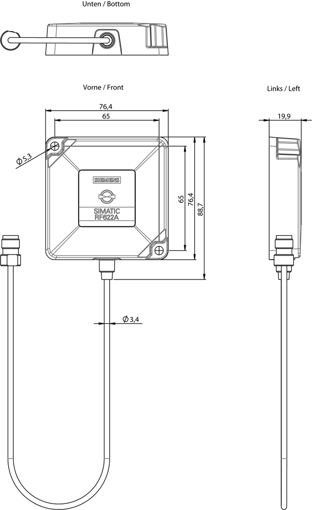 Anténa RF622A ETSI lineární, RF600, 865-868 MHz EU, IP67, kabel 0,3m