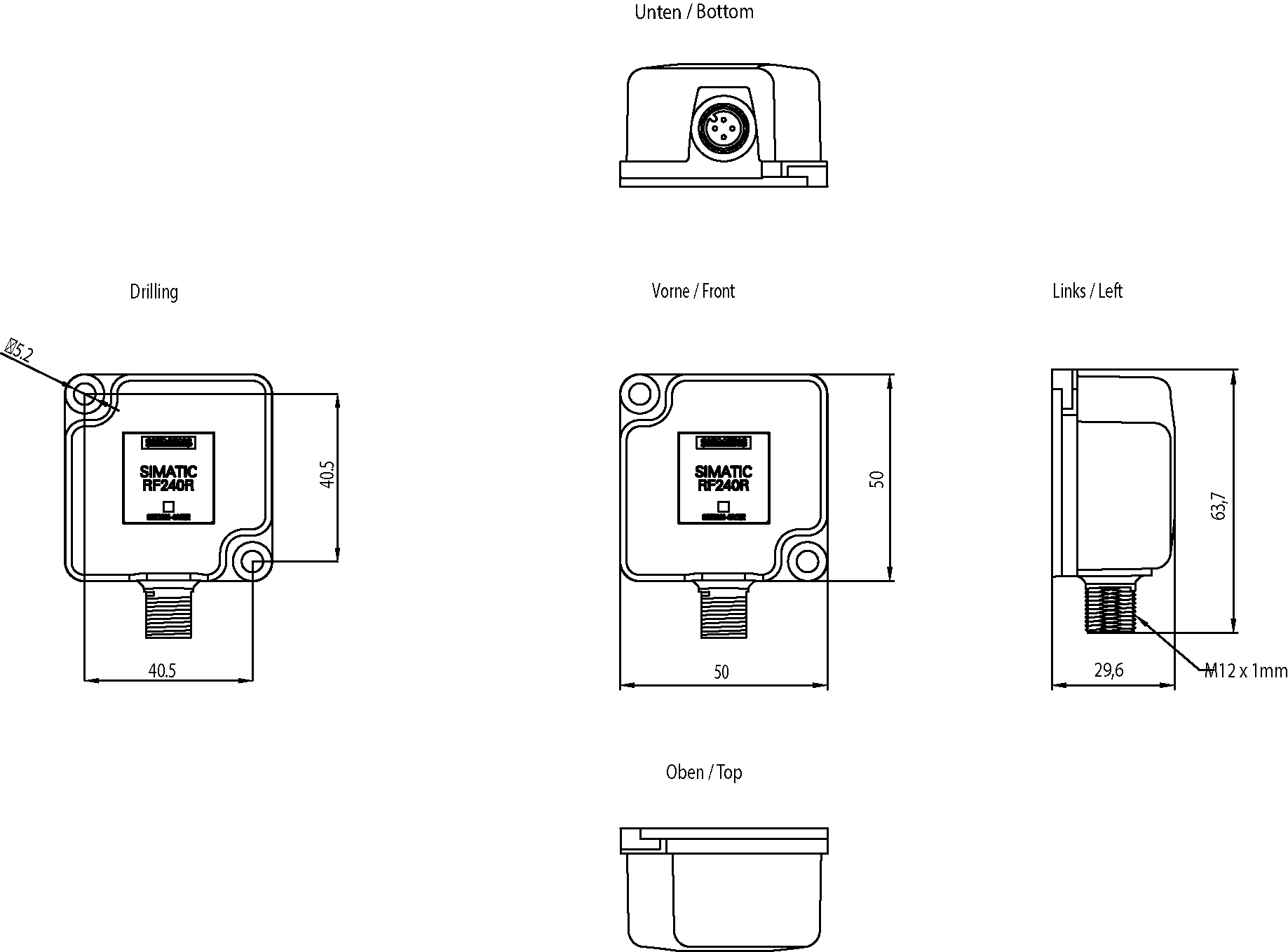 SIMATIC RF200, čtečka RF240R, IO-Link, IP67, -25 až +70°C