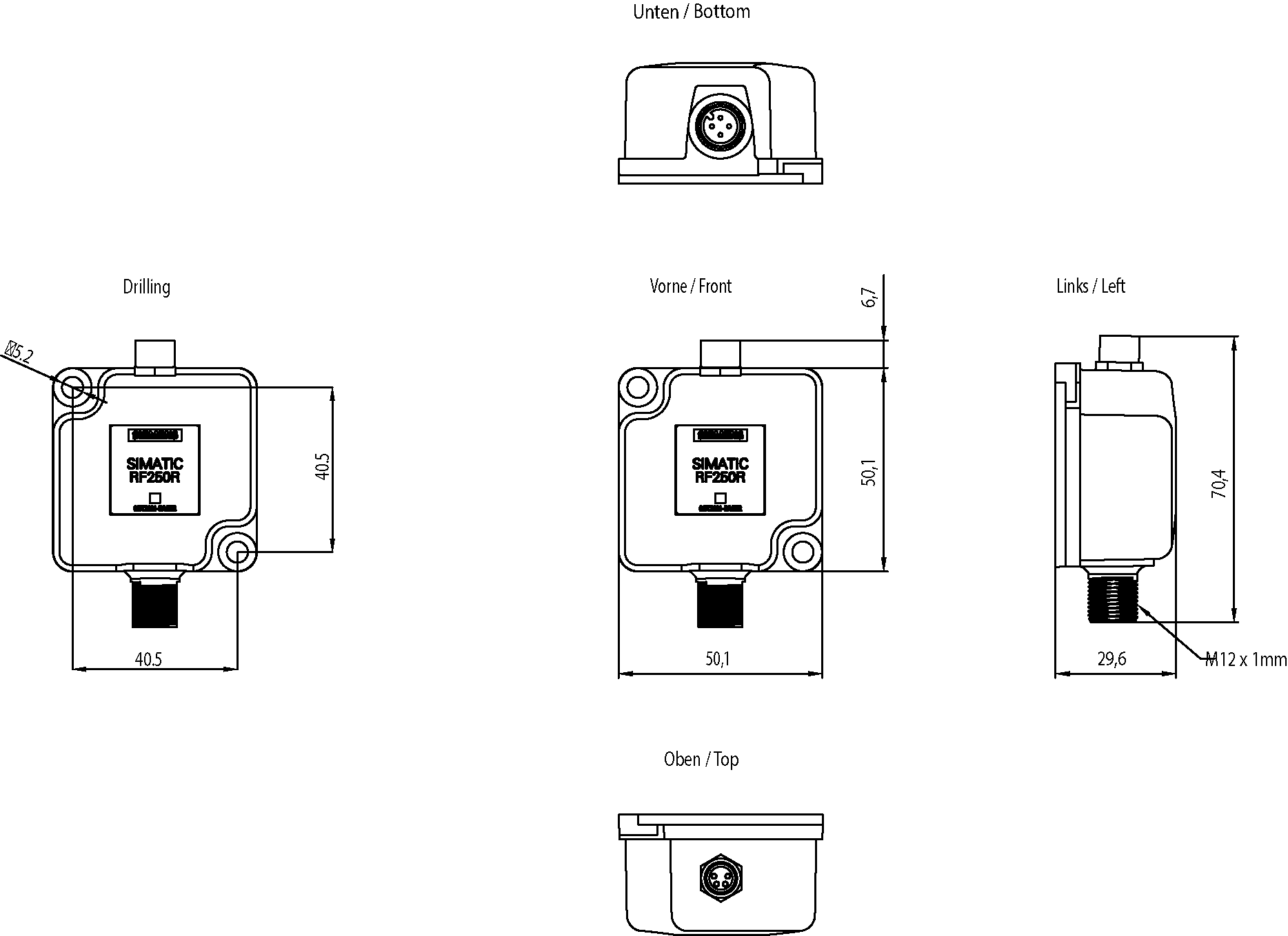 SIMATIC RF200, čtečka RF250R, IO-Link, bez antény, IP65, -25 až +70°C