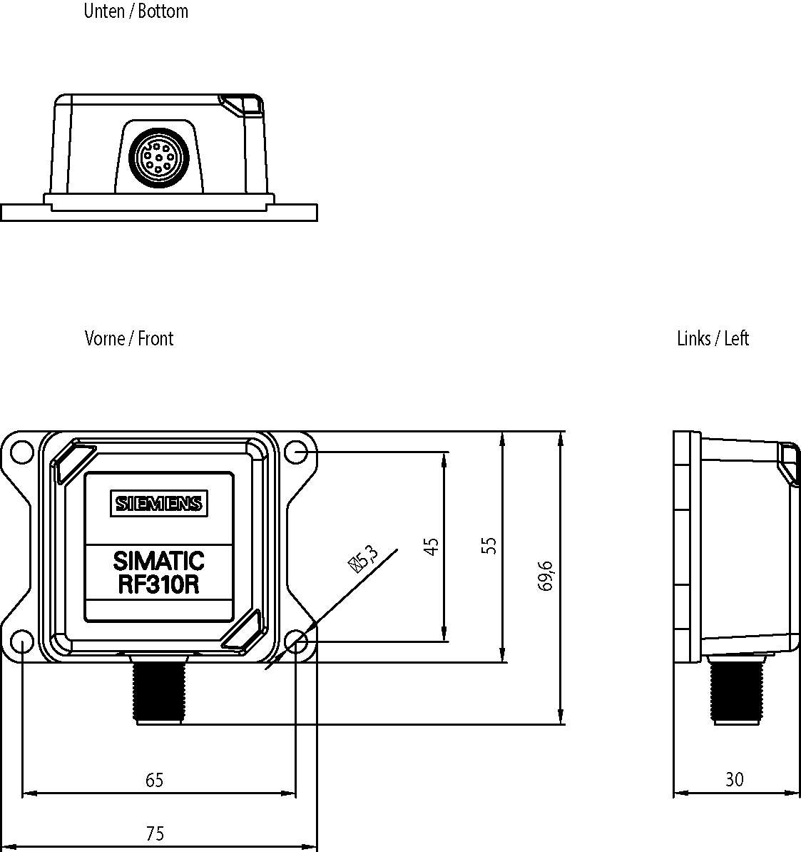 SIMATIC RF300, čtečka RF310R (GEN2), RS422 (3964R), IP67, -25 až +70°C