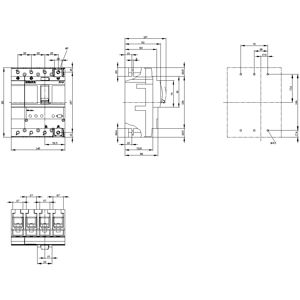 Kompakt megszakító berendezés/kábelvédő elektronikus 4P fix 160A 63-160A-hő 55kA SENTRON SIEMENS