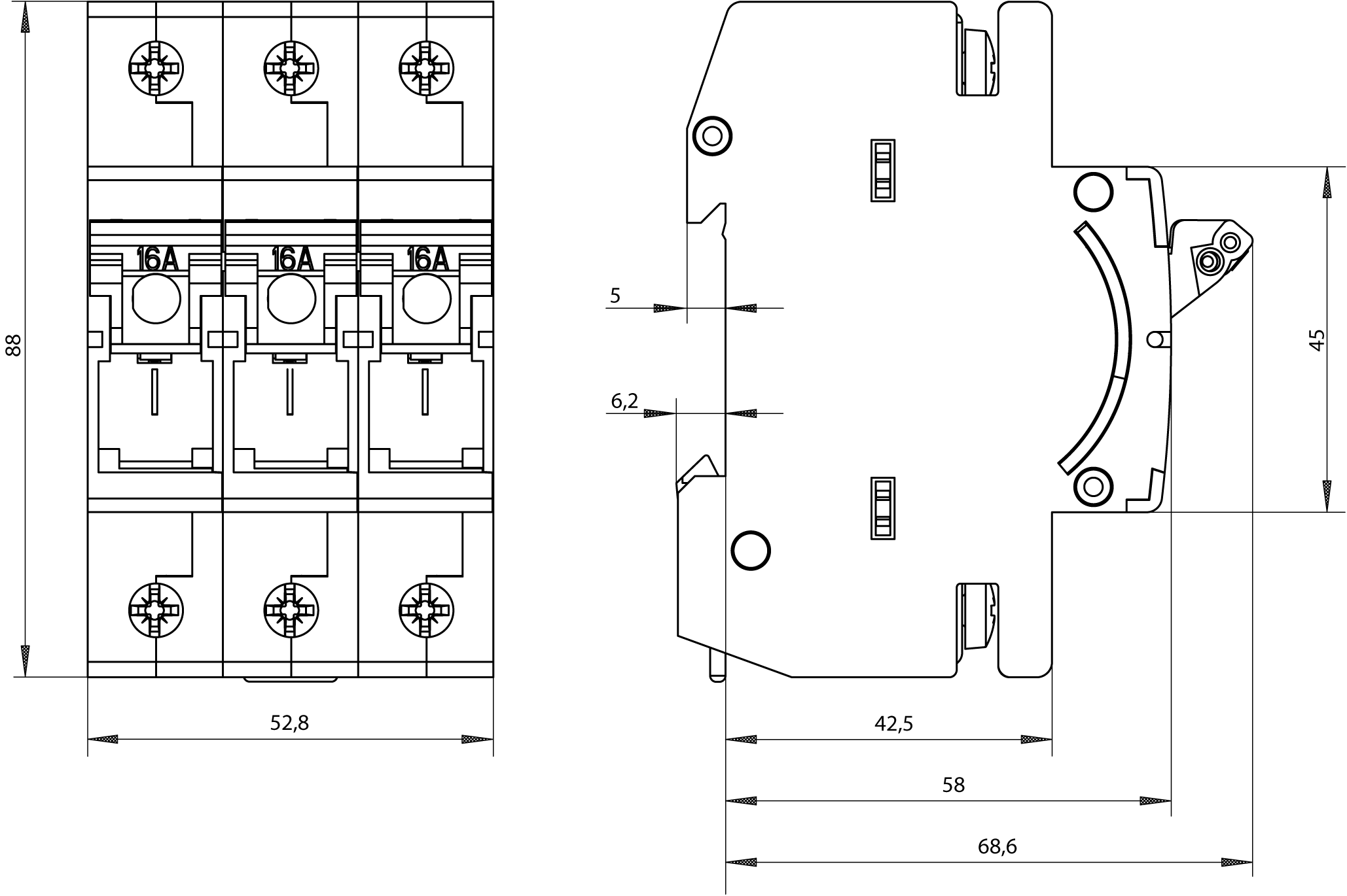 MINIZED, pojistkový zátěžový odpojovač, D01, 3pól., jmenovitý proud: 16 A, jmenovité napětí AC: 400 V