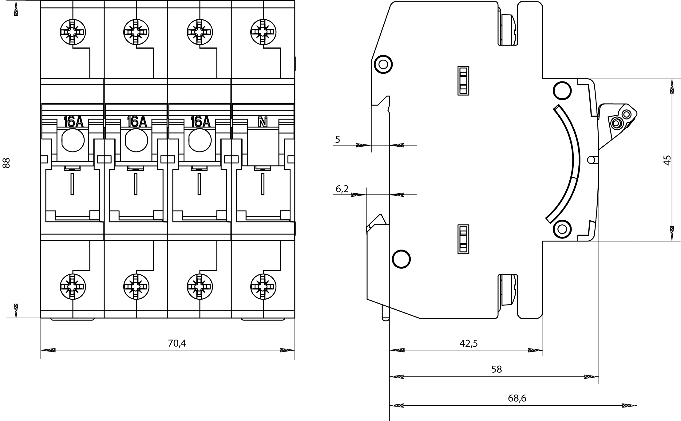 MINIZED, pojistkový zátěžový odpojovač, D01, 4pól., 3pól.+N jmenovitý proud: 16 A, jmenovité napětí AC: 400 V