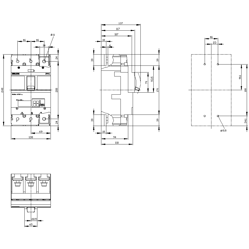 Kompakt megszakító berendezés/generátorvédő elektronikus 3P fix 630A 252-630A-hő SENTRON SIEMENS