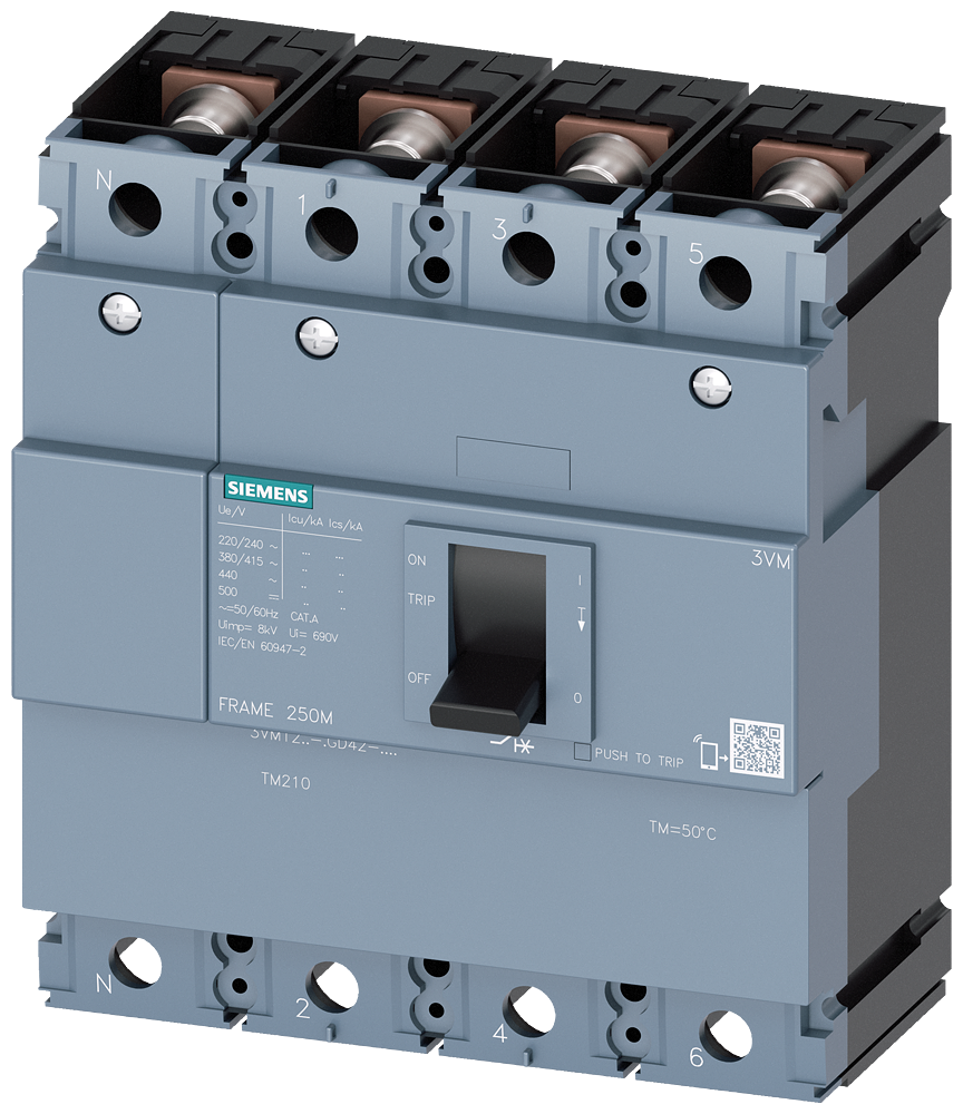 circuit breaker 3VM1 IEC frame 250 breaking capacity class S Icu=36kA @ 415V 4-pole, line protection TM210, FTFM, In=200A overload protection Ir=20...