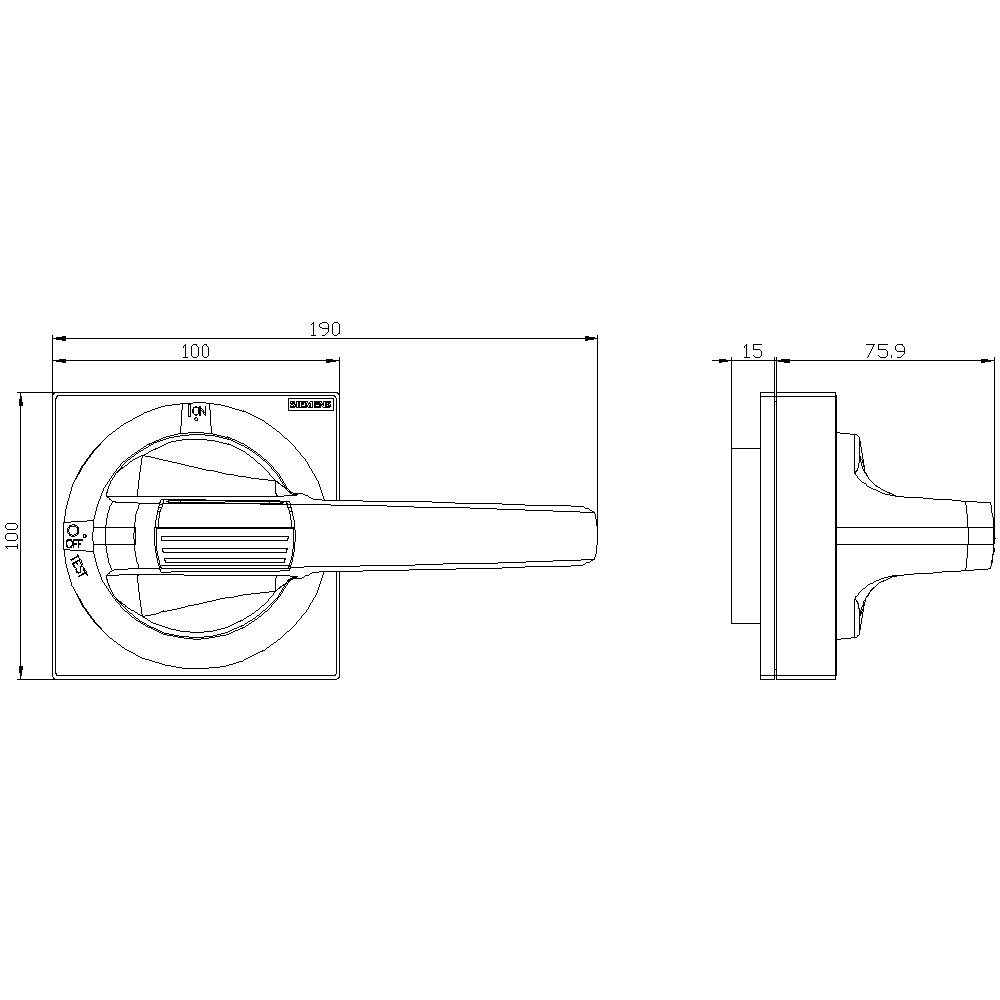 Rukojeť s výhledovou clonou nouzové vypnutí velikost 100x 100, pro hřídel 10x 10, test-0-I