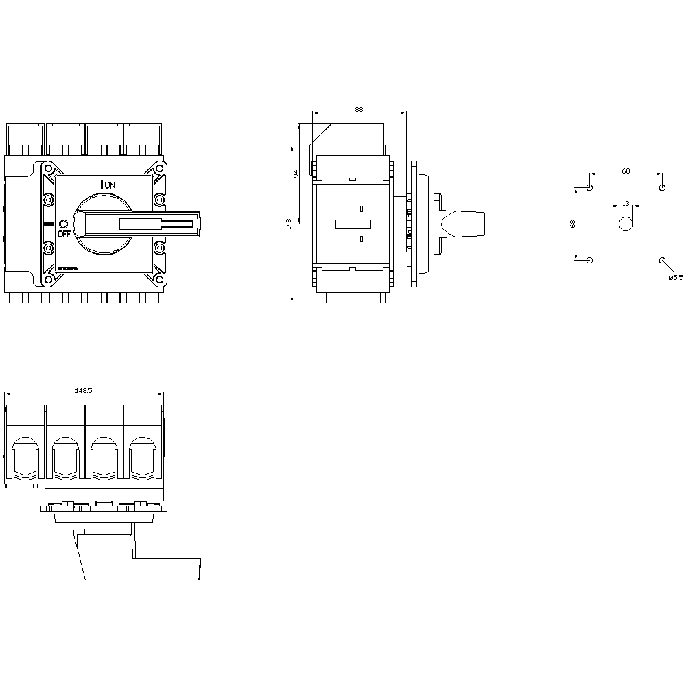 SENTRON, zátěžový odpojovač 3LD, páčkový výkonový spínač, 4pól., jmenovitý trvalý proud: 160 A