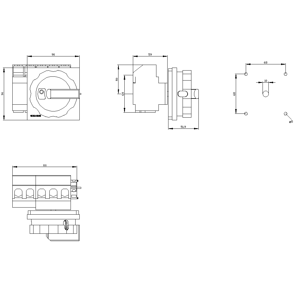 SENTRON, zátěžový odpojovač 3LD, páčkový výkonový spínač, 4pól., jmenovitý trvalý proud: 63 A