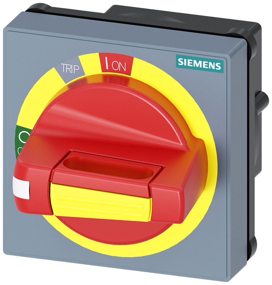 Handle with masking frame Emergency stop with tolerance compensation with door opening position Accessory for: 3VM 100/160/250 3VA1/2 100/160/250 3VA5/6 125/150/250