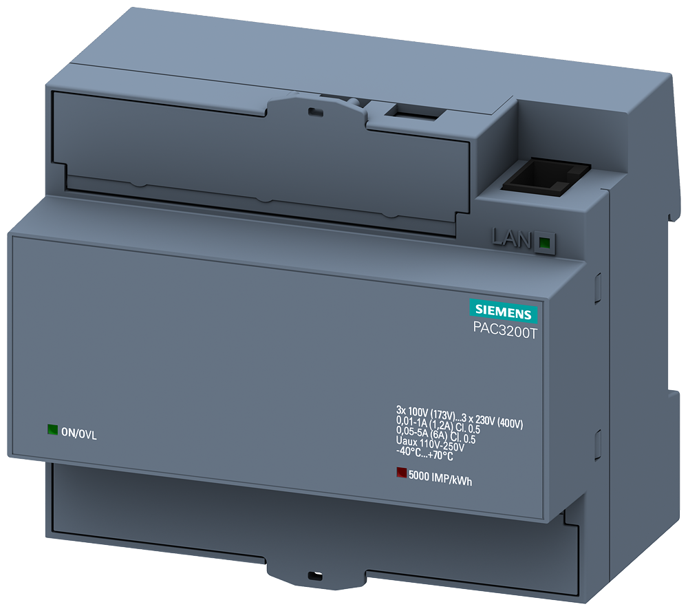 SENTRON měřicí přístroj 7KM PAC3200T, montážní lišta TH35, 400/230 V, 5 A, 110-250 V AC/DC, Modbus TCP, bez displeje