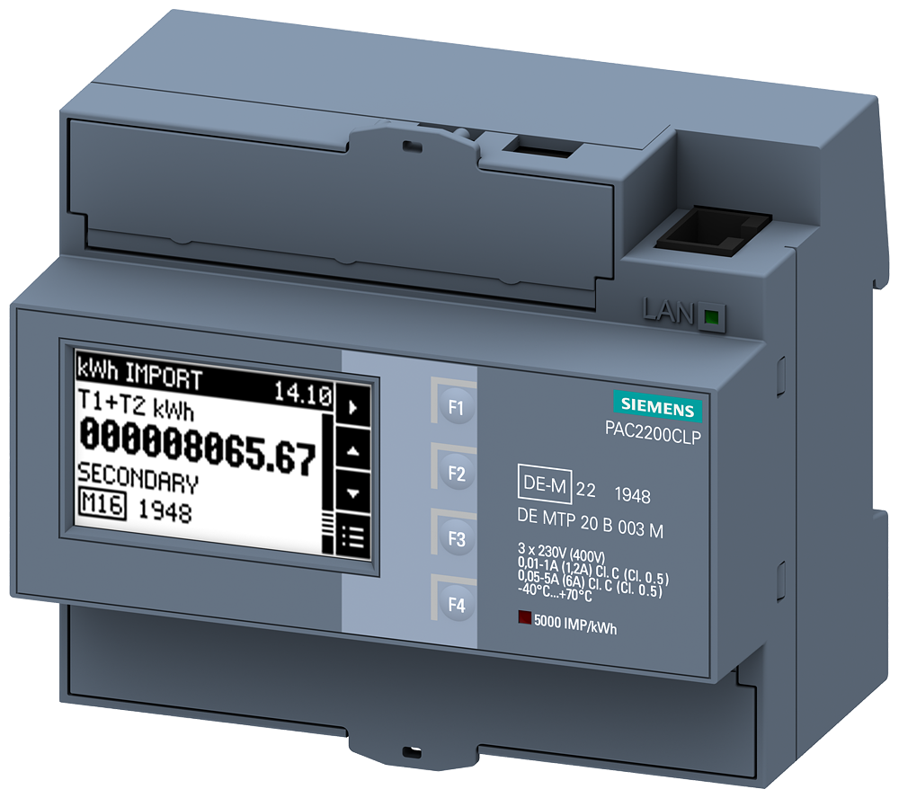 SENTRON měřicí přístroj 7KM PAC2200, 3fáz., 5 A, montážní lišta TH35, Modbus TCP, MID, CLP
