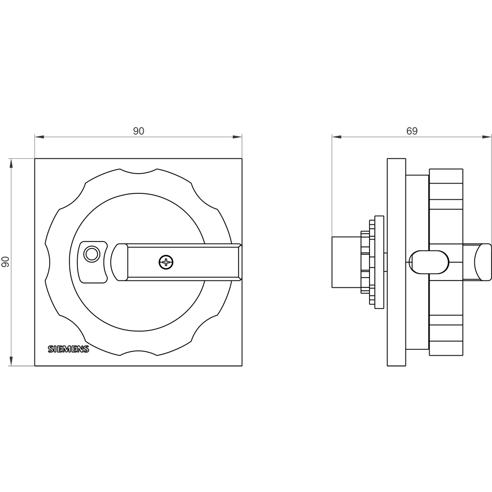 Otočný pohon, ovládací páčka černá, pro upevnění v centrálním otvoru čelního panelu