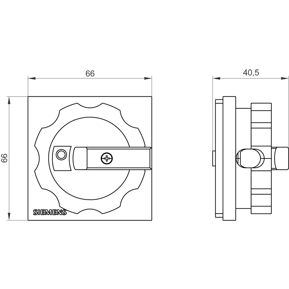 Otočný pohon, ovládací páčka černá, pro upevnění čtyřmi dírami do čelního panelu, pro 25A