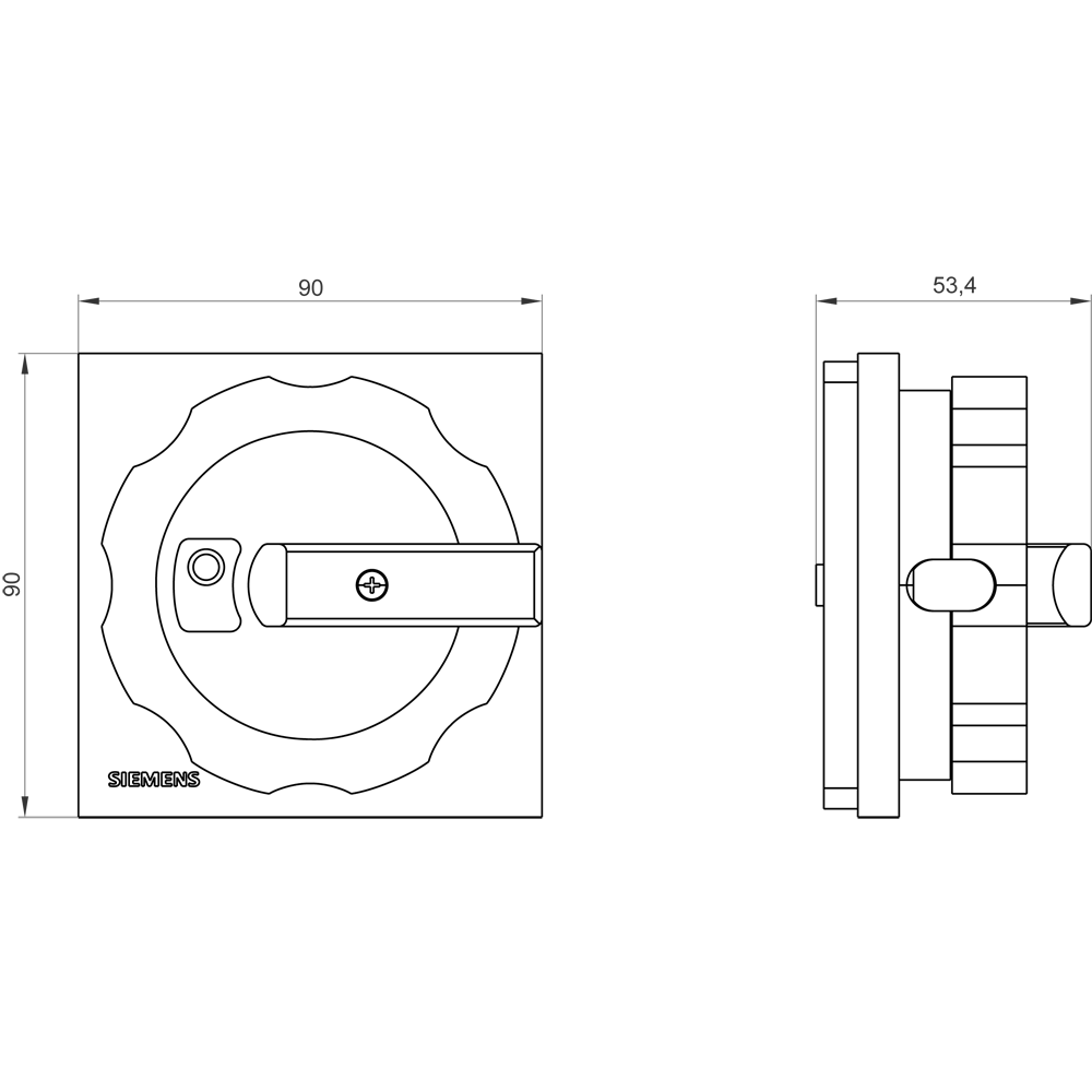 Otočný pohon, ovládací páčka červená/žlutá, pro upevnění čtyřmi dírami do čelního panelu, příslušenství