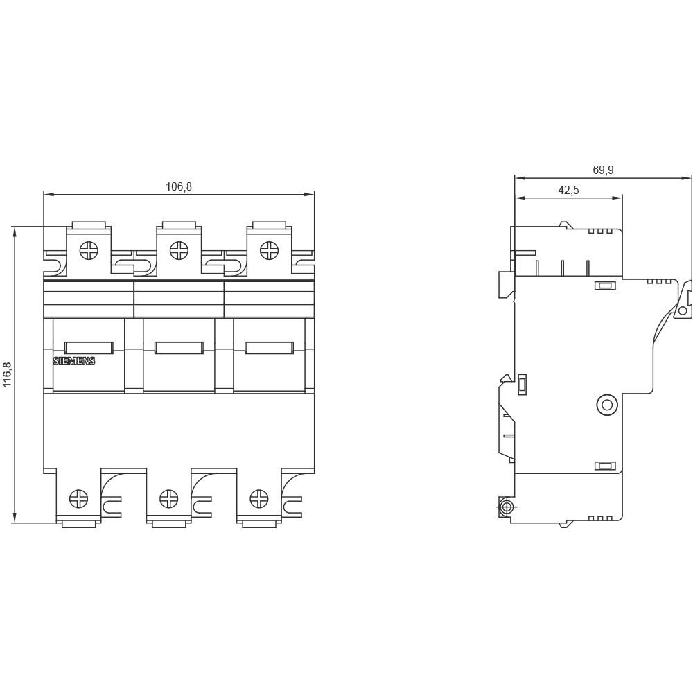 3NW7232 SENTRON, držák válcové pojistky, 22x58 mm, 3pól., jmenovitý proud: 100 A, jmenovité napětí A