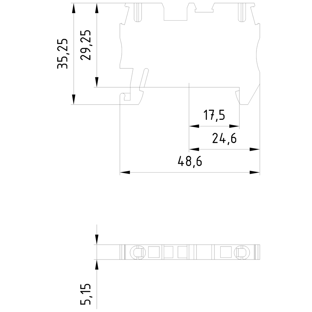 Průchozí svorka s přípojkou tažné pružiny, průřez: 0,08-2,5mm², šířka: 5,2mm