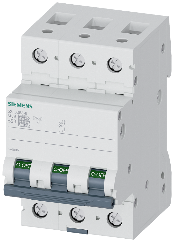 Aptomat tép (MCB) Siemens 5SL, 3 cực, đặc tính B, 63 A, 6 kA