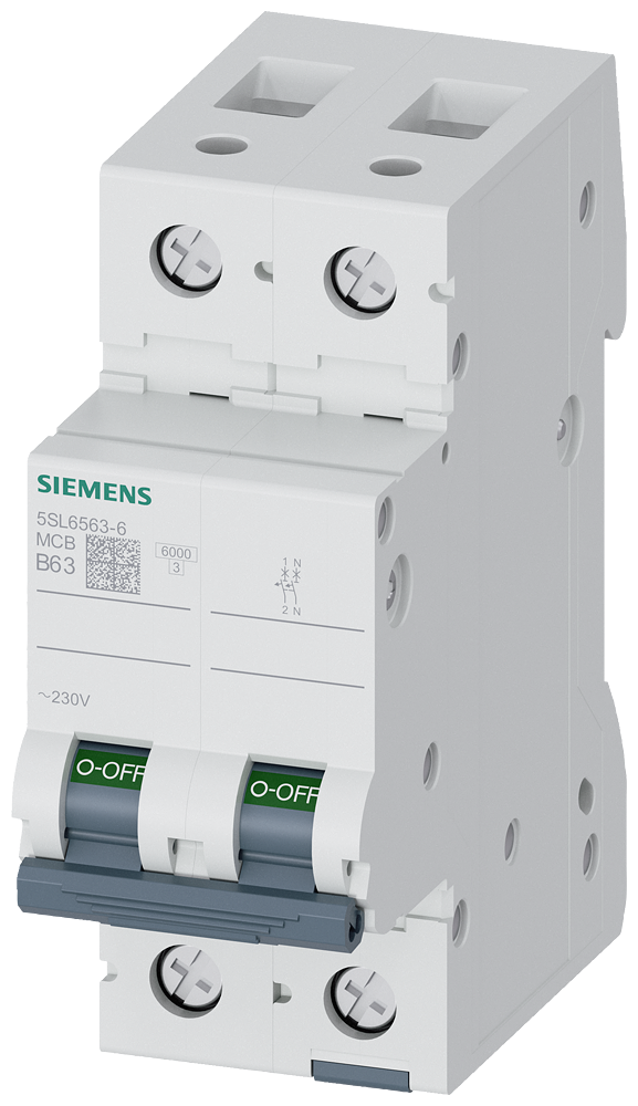 Aptomat tép (MCB) Siemens 5SL, 1 cực + N, đặc tính B, 63 A, 6 kA