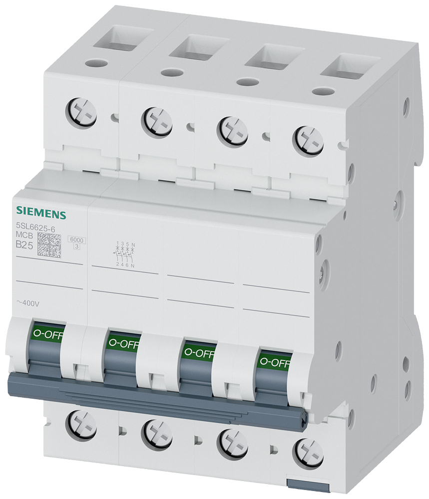Aptomat tép (MCB) Siemens 5SL, 3 cực + N, đặc tính B, 25 A, 6 kA