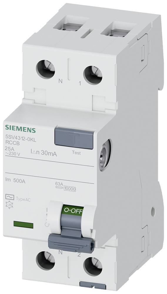Cầu dao chống dòng rò (RCCB) Siemens 5SV, 2 cực, 25 A, 30 mA, Loại AC