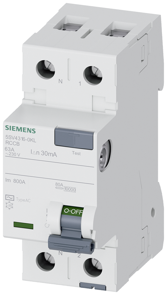 Cầu dao chống dòng rò (RCCB) Siemens 5SV, 2 cực, 63 A, 30 mA, Loại AC