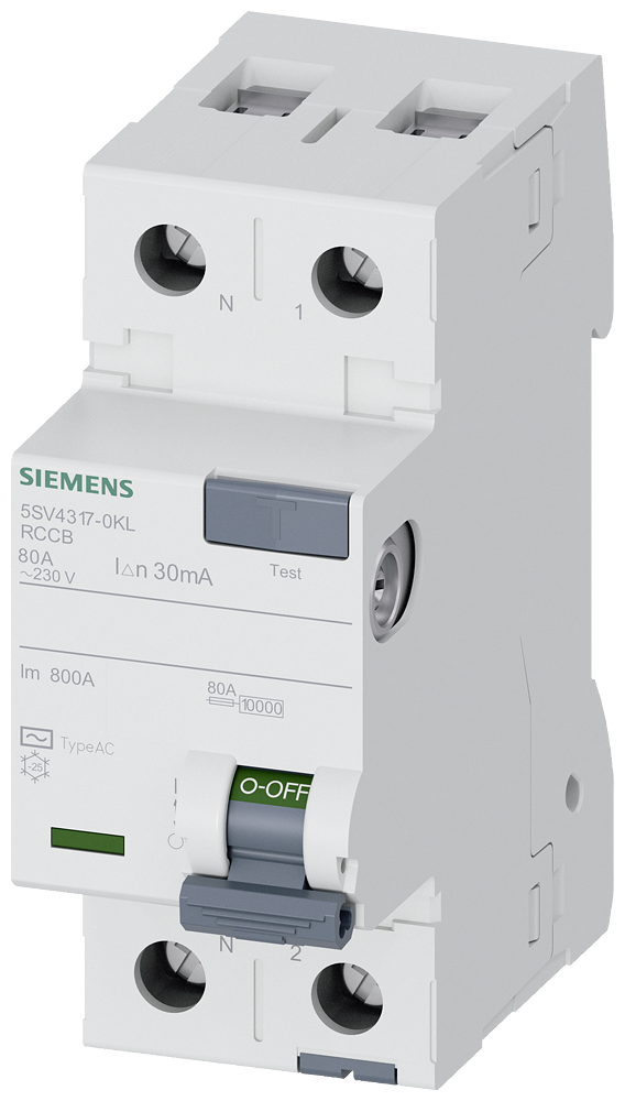 Cầu dao chống dòng rò (RCCB) Siemens 5SV, 2 cực, 80 A, 30 mA, Loại AC