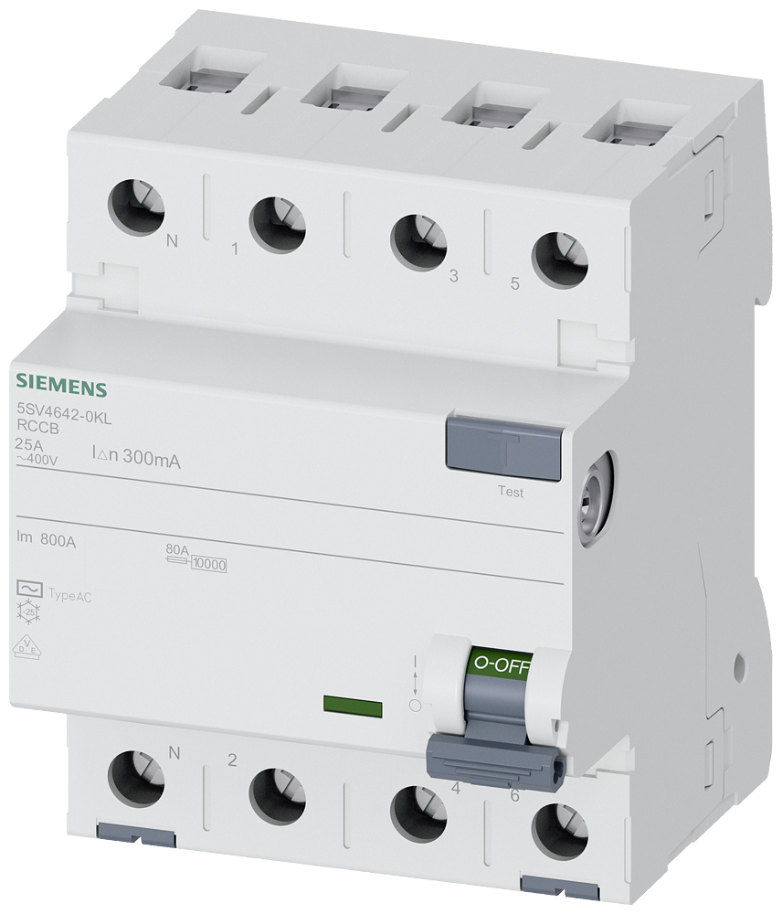 Cầu dao chống dòng rò (RCCB) Siemens 5SV, 4 cực, 25 A, 300 mA, Loại AC