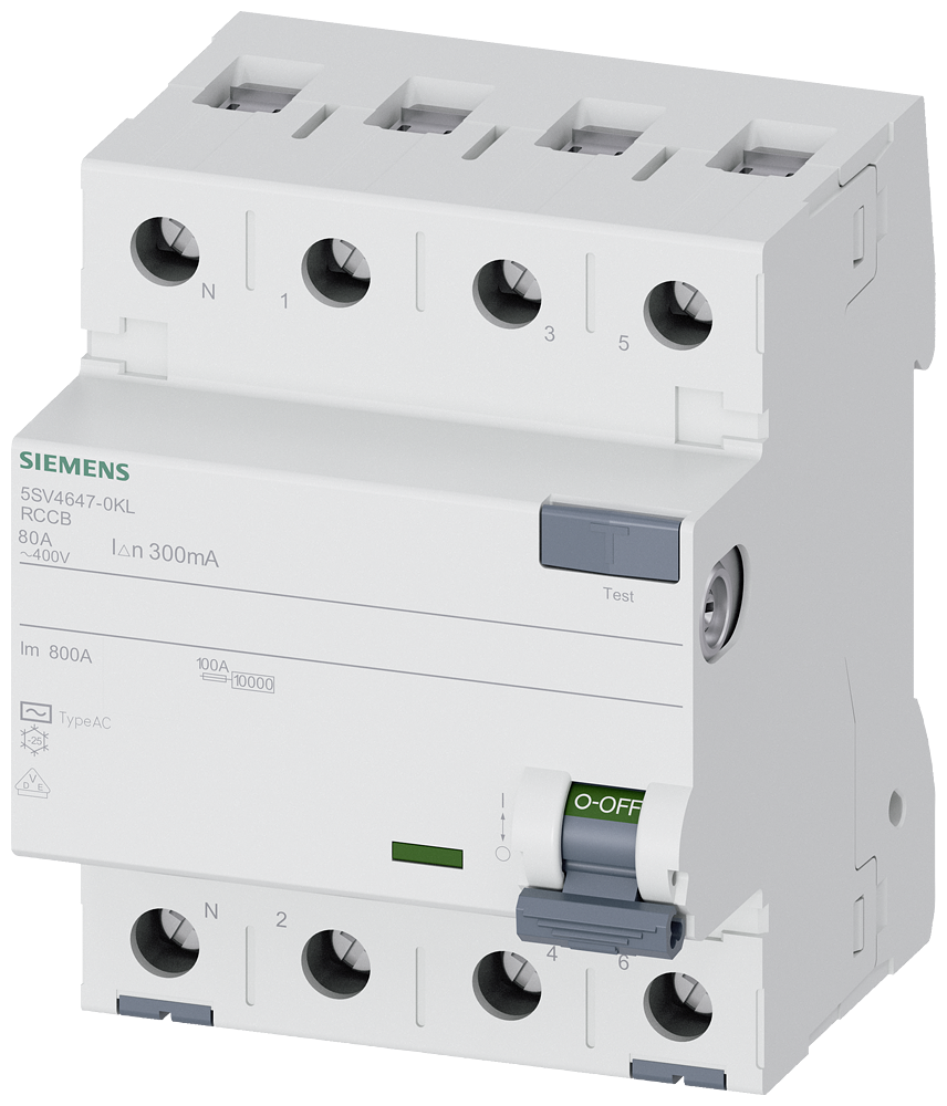 Cầu dao chống dòng rò (RCCB) Siemens 5SV, 4 cực, 80 A, 300 mA, Loại AC