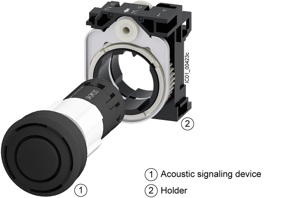 Akustický hlásič, 22 mm, kulatý, plast, černá barva, nepřerušovaný tón 2,4 kHz, AC230V
