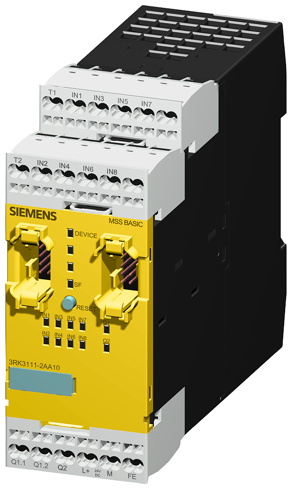 SIRIUS,CENTRAL MOD. 3RK3 BASIC ДЛЯ MODULAR SAFETY SYSTEM 3RK3 4/8 F-DI, 1F-RO, 1 F-DO, 24V DC PARAMETERIZABLE VIA SW MSS ES WIDTH 45MM ПРУЖИННЫЕ КЛЕММЫ UP ДО CATEGORY 4 (EN954-1) UP ДО SIL3 (IEC 61508) UP TO PERFORMAНЗE LEVEL E (ISO 13849-1)