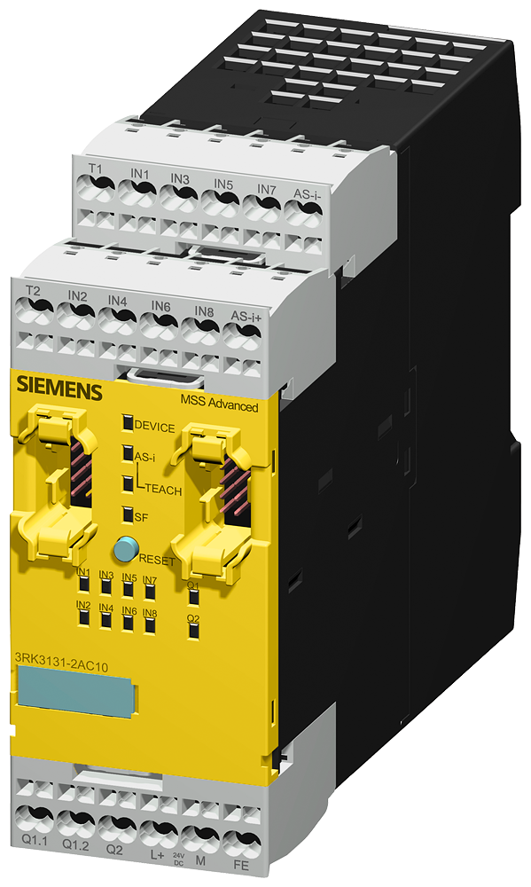 SIRIUS, CENTRAL MODULE 3RK3 ADVANCED ДЛЯ MODULAR SAFETY SYSTEM 3RK3 4/8 F-DI, 1F-RO, 1 F-DO, 24 V DC MONITORING OF ASI SLAVES, CONTROL OF SAFE OUTPUTS ON AS-I BUS PARAMETERIZABLE VIA SW MSS ES WIDTH 45MM SPRING-LOADED TERMINAL UP TO CATEGORY 4 (EN954-1) UP TO SIL3 (IEC 61508) UP TO PERFORMANCE LEVEL E (ISO 13849-1)