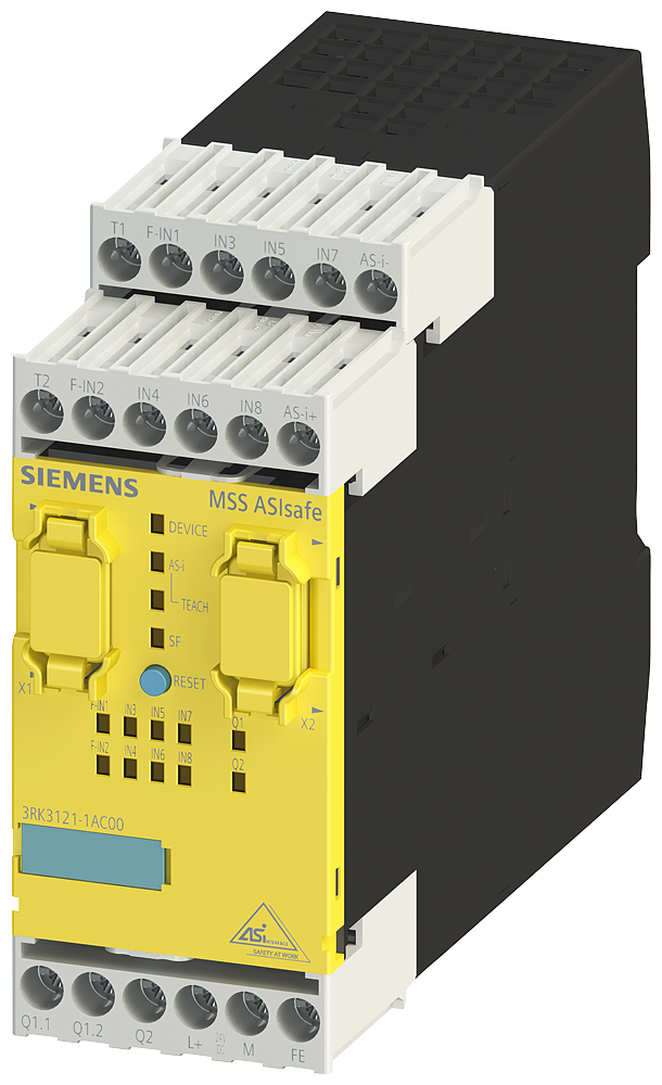 SIRIUS, CENTRAL UNIT 3RK3 ASISAFE BASIC ДЛЯ MODULAR SAFETY SYSTEM 3RK3 1/2F-DI,6DI, 1F-RO,1F-DO, 24V DC MONITORS OF ASI SLAVES, CONTROL OF 8 SAFE OUTPUTS ON AS-I BUS PARAMETERIZABLE VIA SW MSS ES WIDTH 45MM SCREW TERMINAL UP TO CATEGORY 4 (EN954-1) UP TO SIL3 (IEC 61508) UP TO PERFORMANCE LEVEL E (ISO 13849-1) NO EXPANSION MODULE CAN BE CONNECTED