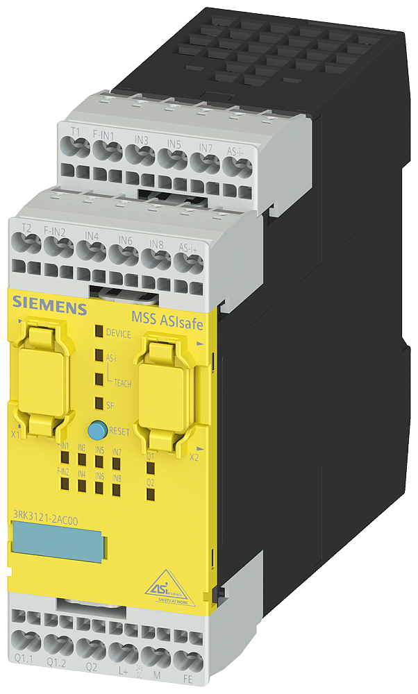 SIRIUS, CENTRAL UNIT 3RK3 ASISAFE BASIC ДЛЯ MODULAR SAFETY SYSTEM 3RK3 1/2F-DI,6DI, 1F-RO,1F-DO,24V DC MONITORING OF ASI SLAVES, CONTROL OF 8 SAFE OUTPUTS ON AS-I BUS PARAMETERIZABLE VIA SW MSS ES WIDTH 45MM SPRING-LOADED TERMINAL UP TO CATEGORY 4 (EN954-1) UP TO SIL3 (IEC 61508) UP TO PERFORMANCE LEVEL E (ISO 13849-1) NO EXPANSION MODULE CAN BE CONNECTED