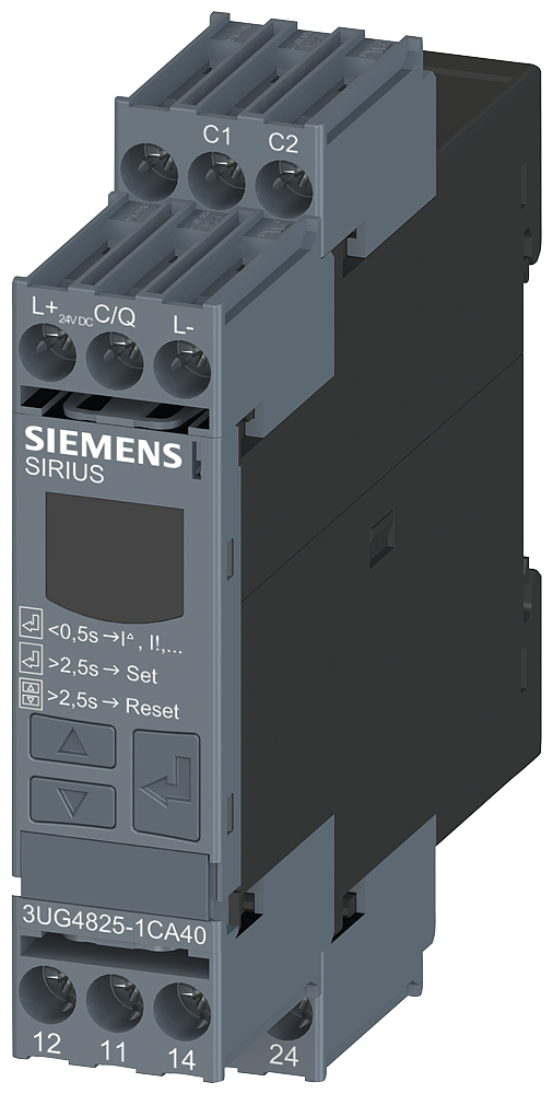 !!! product phase-out !!! the preferred successor is 3UG5825-1AA40 digital monitoring relay for residual current monitoring with residual-current transformer 3UL23 for IO-Link adjustment range 0.03 A to 40 A separate for warning threshold and trip value ON-delay and tripping delay 0 to 999.9 s shutdown hysteresis up to 50% warning hysteresis 5% fixed width 22.5 mm by Siemens