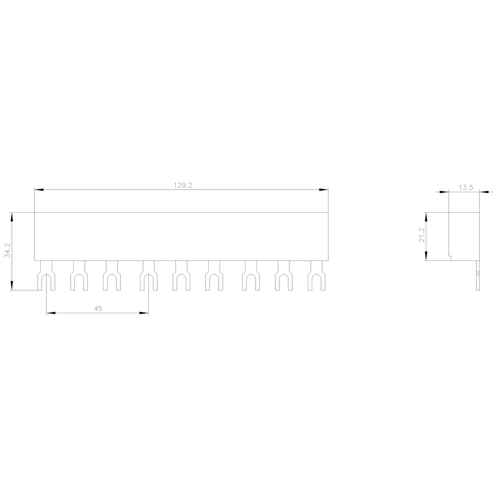 3Fázové přípojnice s roztečí 45 mm pro 3 spínače, vidlicové přípojky