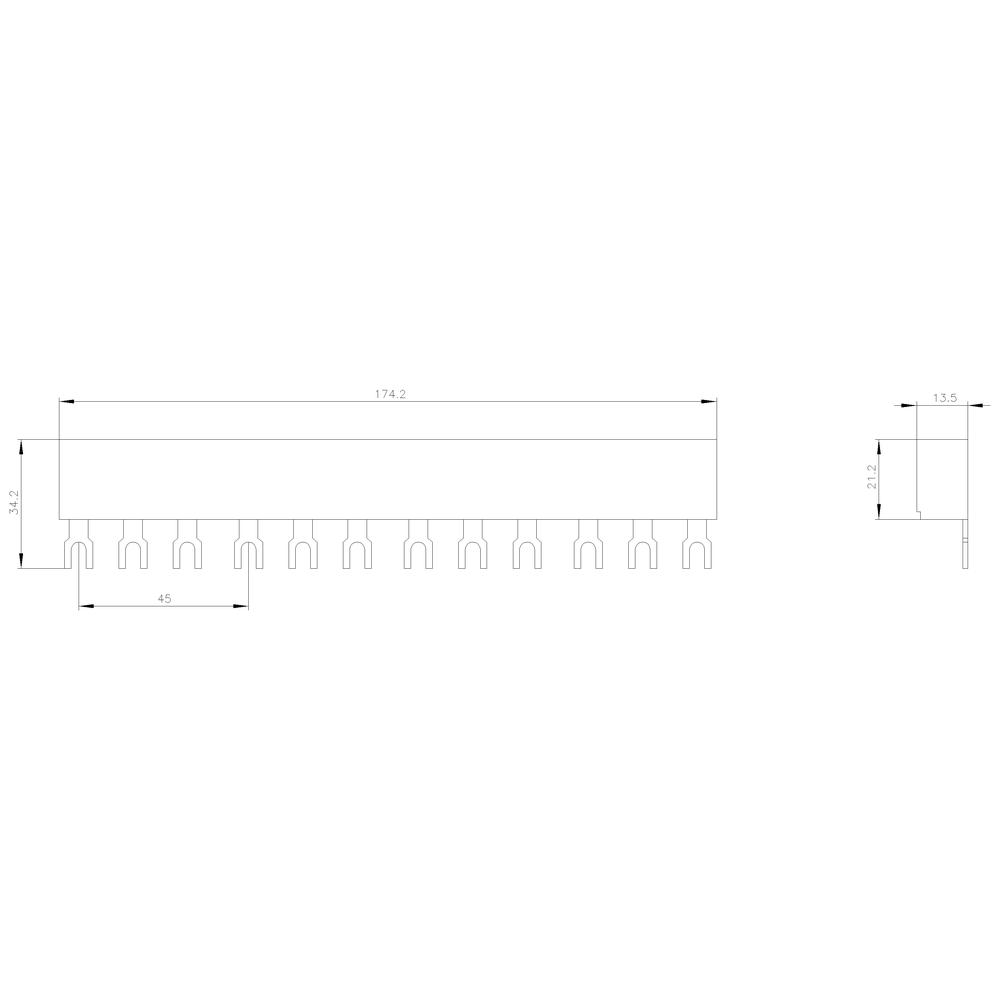 3Fázové přípojnice s roztečí 45 mm pro 4 spínače, vidlicové přípojky