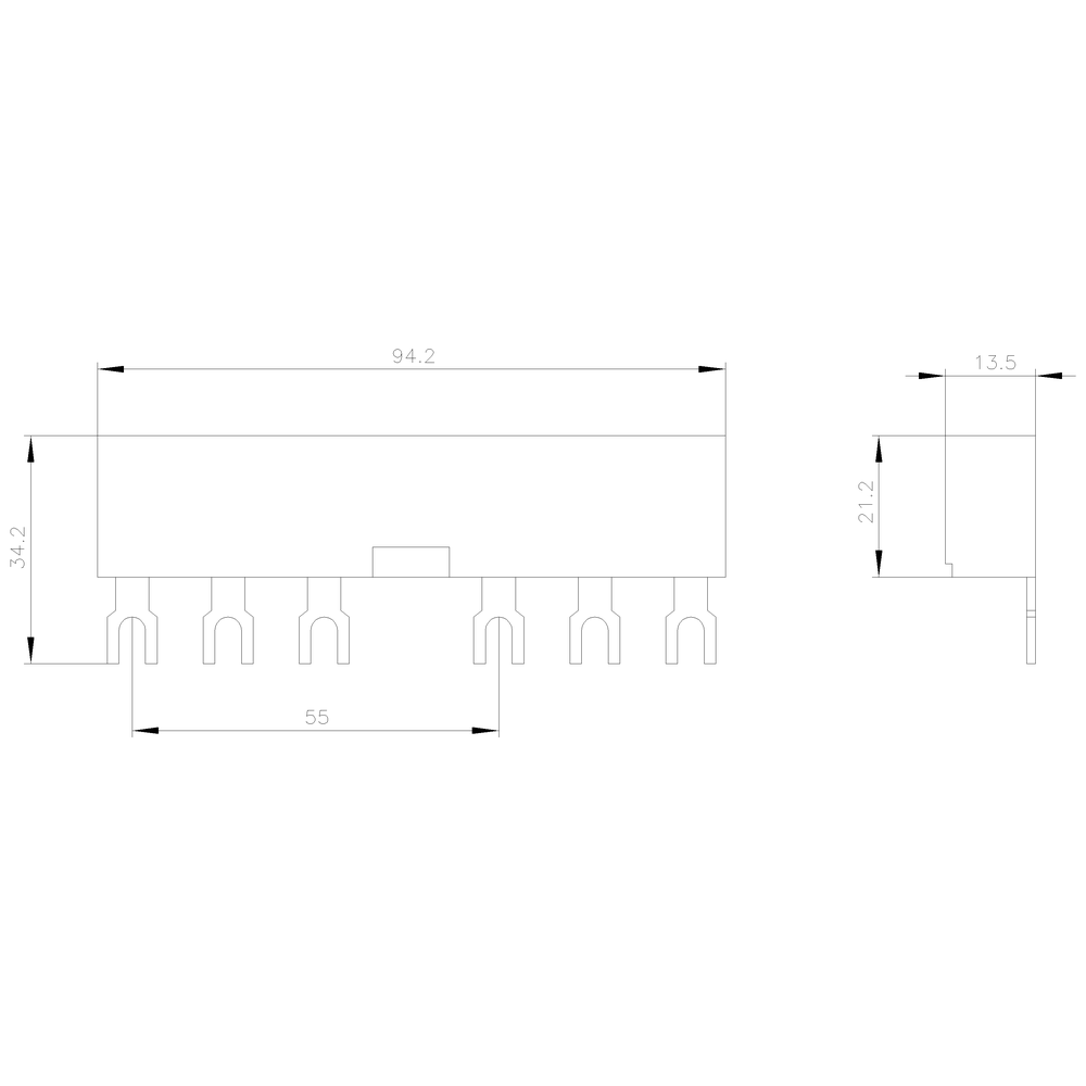 3Fázové přípojnice s roztečí 55 mm pro 2 spínače, vidlicové přípojky