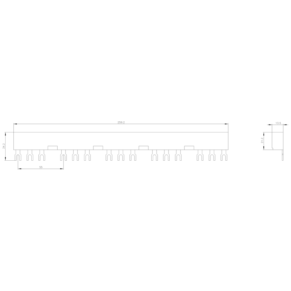3Fázové přípojnice s roztečí 55 mm pro 5 spínačů, vidlicové přípojky