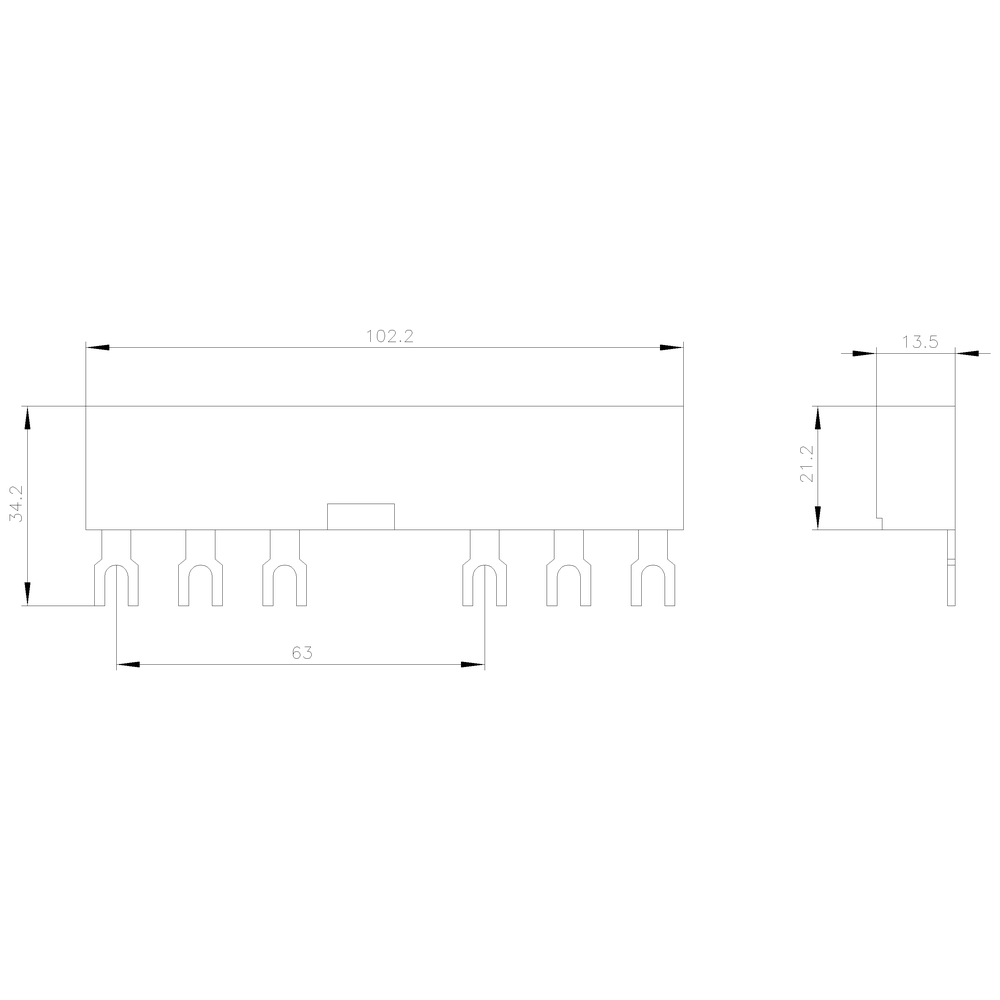 3Fázové přípojnice s roztečí 63 mm pro 2 spínače, vidlicové přípojky