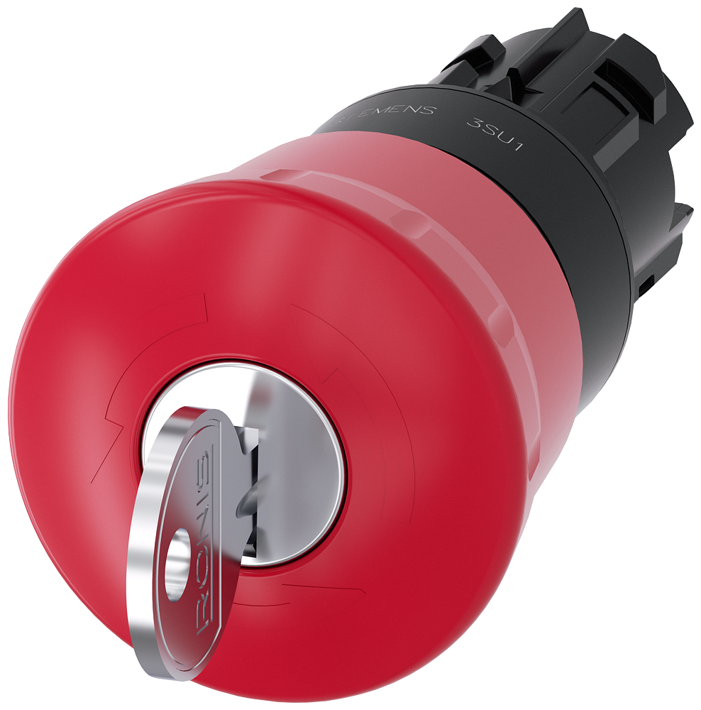 EMERGENCY STOP mushroom pushbutton. 22 mm. round. plastic. red. 40 mm. with lock RONIS. lock number SB30. positive latching. Key-operated release Z=50-unit packaging