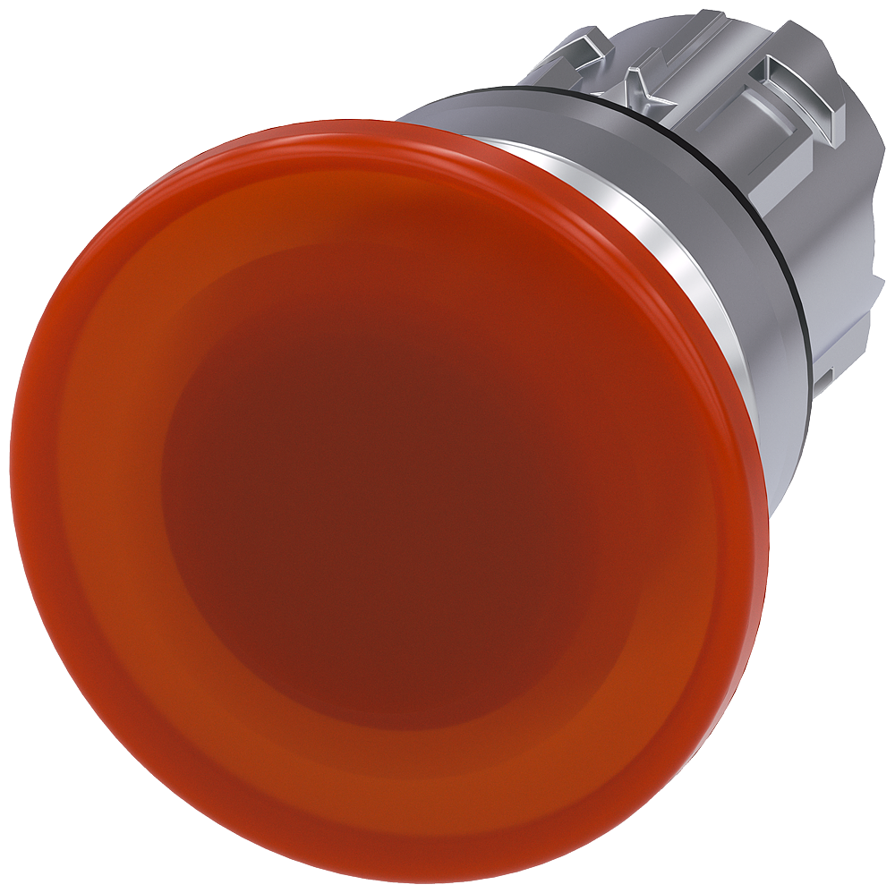 Illuminated mushroom pushbutton. 22 mm. round. metal. shiny. amber. 40 mm. momentary contact type. with laser labeling. upper case and lower case. always uppercase at the beginning of the word