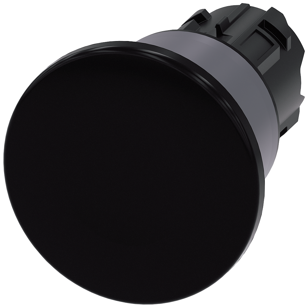 Mushroom pushbutton. 22 mm. round. plastic with metal front ring. black. 40mm. latching. pull-to-unlatch mechanism. with laser labeling. upper case and lower case. always upper case at the beginning of the word