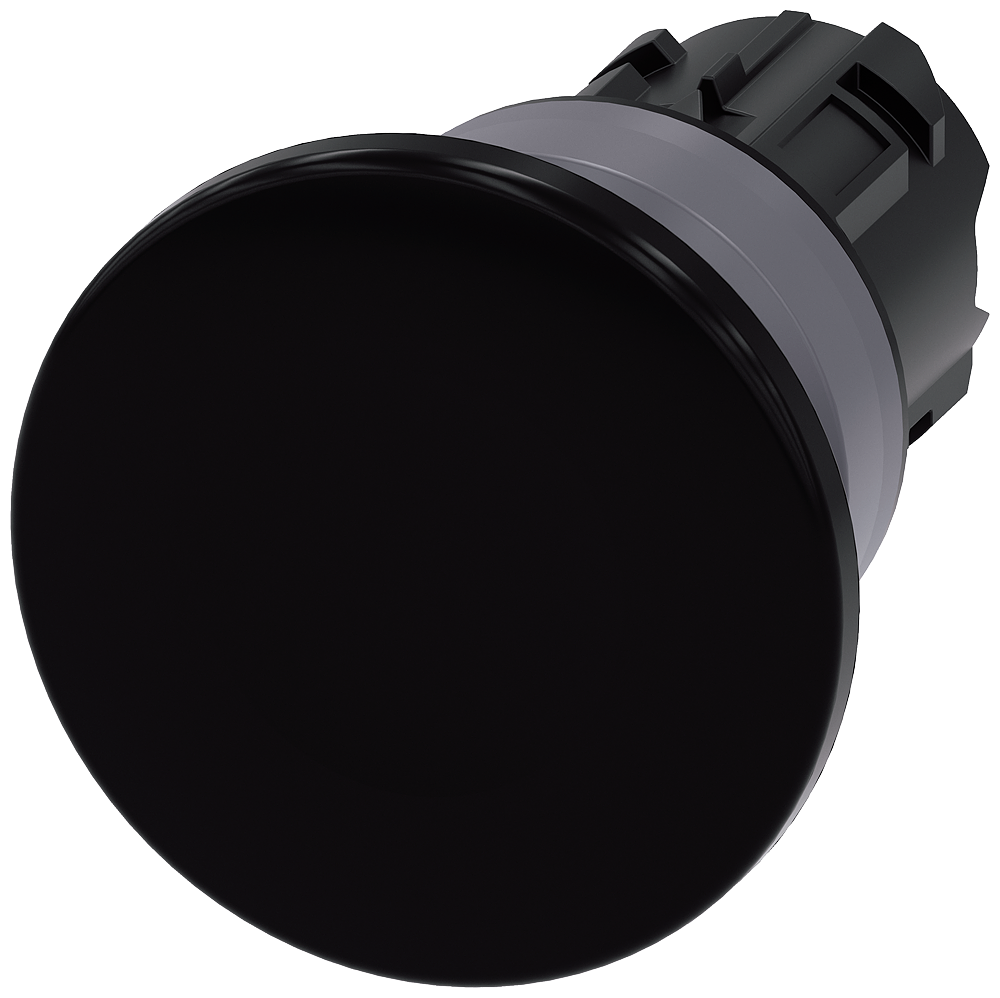 Mushroom pushbutton. 22 mm. round. plastic with metal front ring. black. 40mm. momentary contact type. with laser labeling. symbol number according to. ISO 7000 or IEC 60417